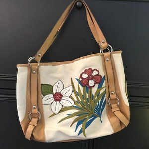 Relic by Fossil Large Cream Canvas Tote with Floral Applique Teal Olive Camel